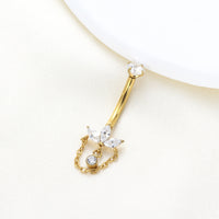 Piercing de Umbigo em Titânio G23 com Corrente Dupla, Zircônia e Pingente de Brilho Diamante – Design Luxuoso e Feminino