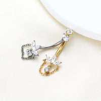 Piercing de Umbigo em Titânio G23 com Corrente Dupla, Zircônia e Pingente de Brilho Diamante – Design Luxuoso e Feminino