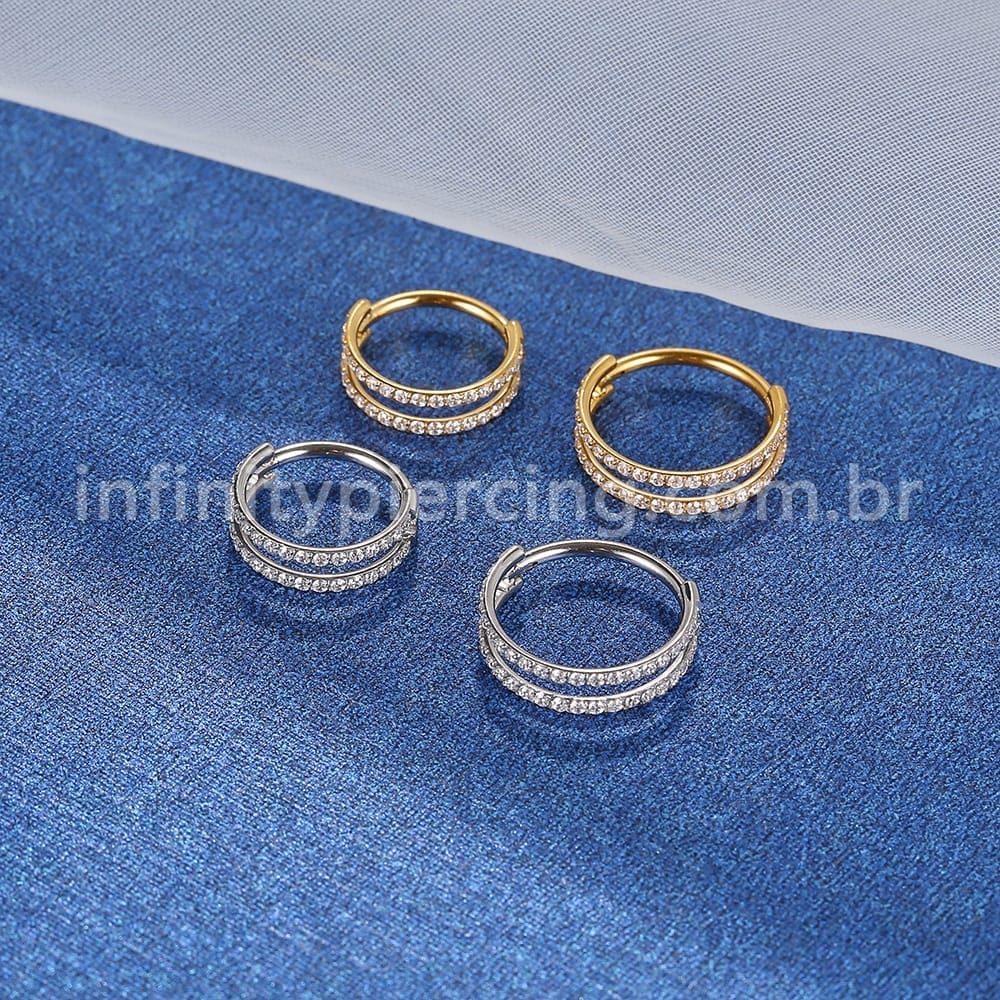 Piercing Argola Segmento Articulado Aço Cirúrgico Vazada 2 Fileiras Zircônia Cravejada