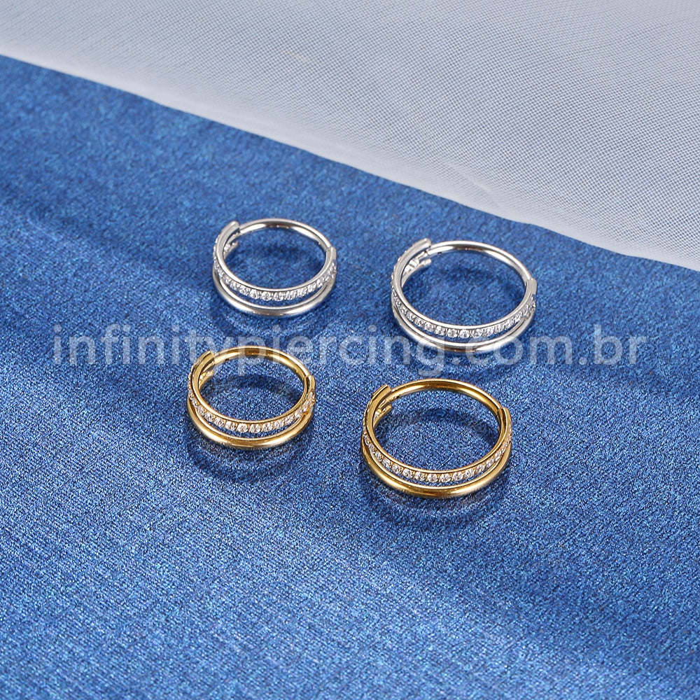 Piercing Argola Segmento Articulado Aço Cirúrgico Vazado 1 Fileira Zircônia Cravejada