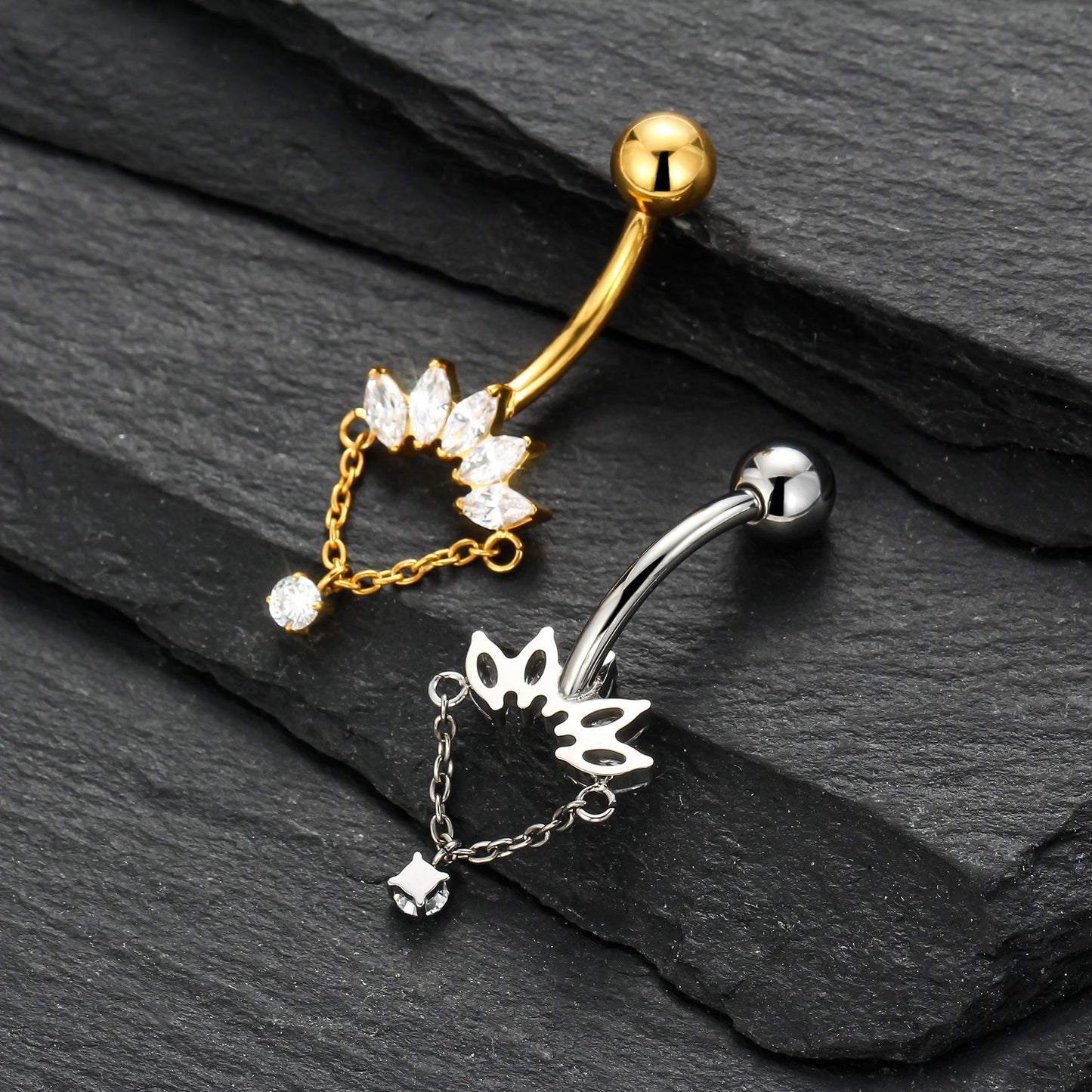 Piercing de Umbigo em Titânio G23 com Corrente Pendente e Zircônia de Alto Brilho – Design Elegante com Movimento Sofisticado