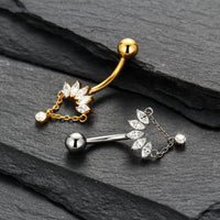 Piercing de Umbigo em Titânio G23 com Corrente Pendente e Zircônia de Alto Brilho – Design Elegante com Movimento Sofisticado