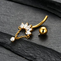 Piercing de Umbigo em Titânio G23 com Corrente Pendente e Zircônia de Alto Brilho – Design Elegante com Movimento Sofisticado