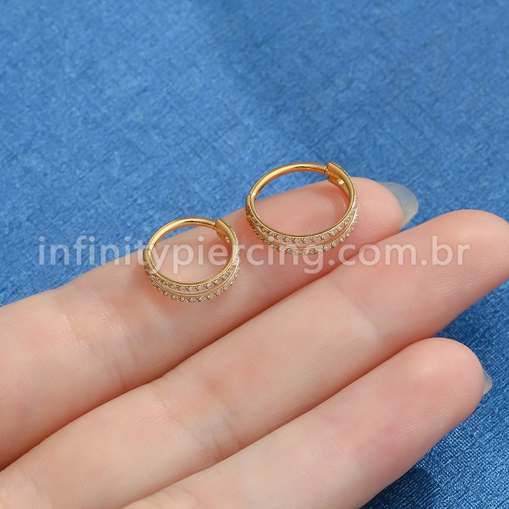 Piercing Argola Segmento Articulado Titânio 2 Fileiras Vazadas Zircônia Cravejada