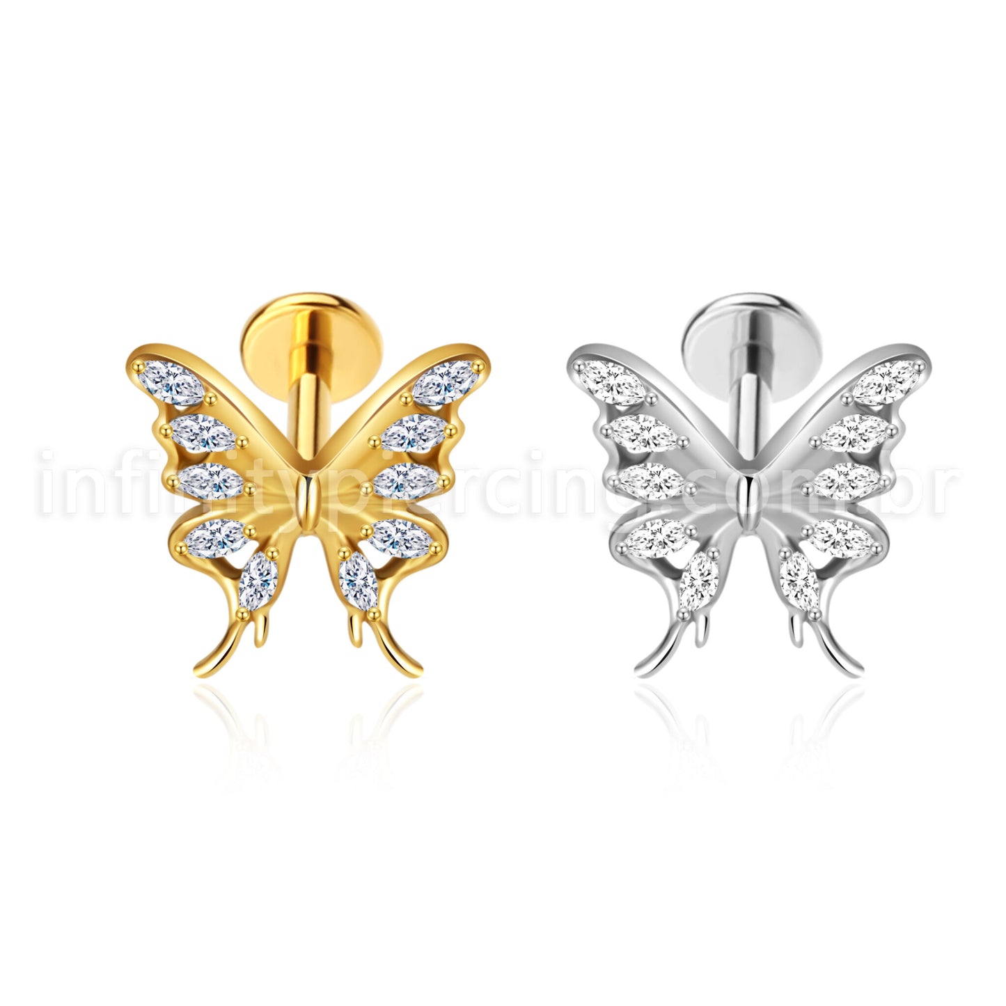 Piercing Labret Aço Cirúrgico Borboleta Zircônia