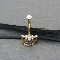Piercing de Umbigo em Titânio G23 com Dupla Corrente Pendente e Zircônia de Alto Brilho – Design Elegante com Movimento Luxuoso