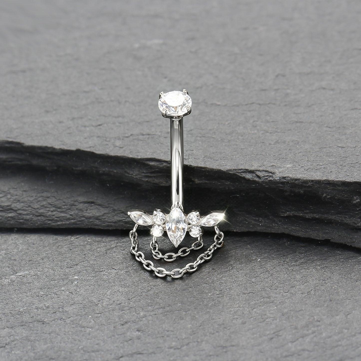 Piercing de Umbigo em Titânio G23 com Dupla Corrente Pendente e Zircônia de Alto Brilho – Design Elegante com Movimento Luxuoso