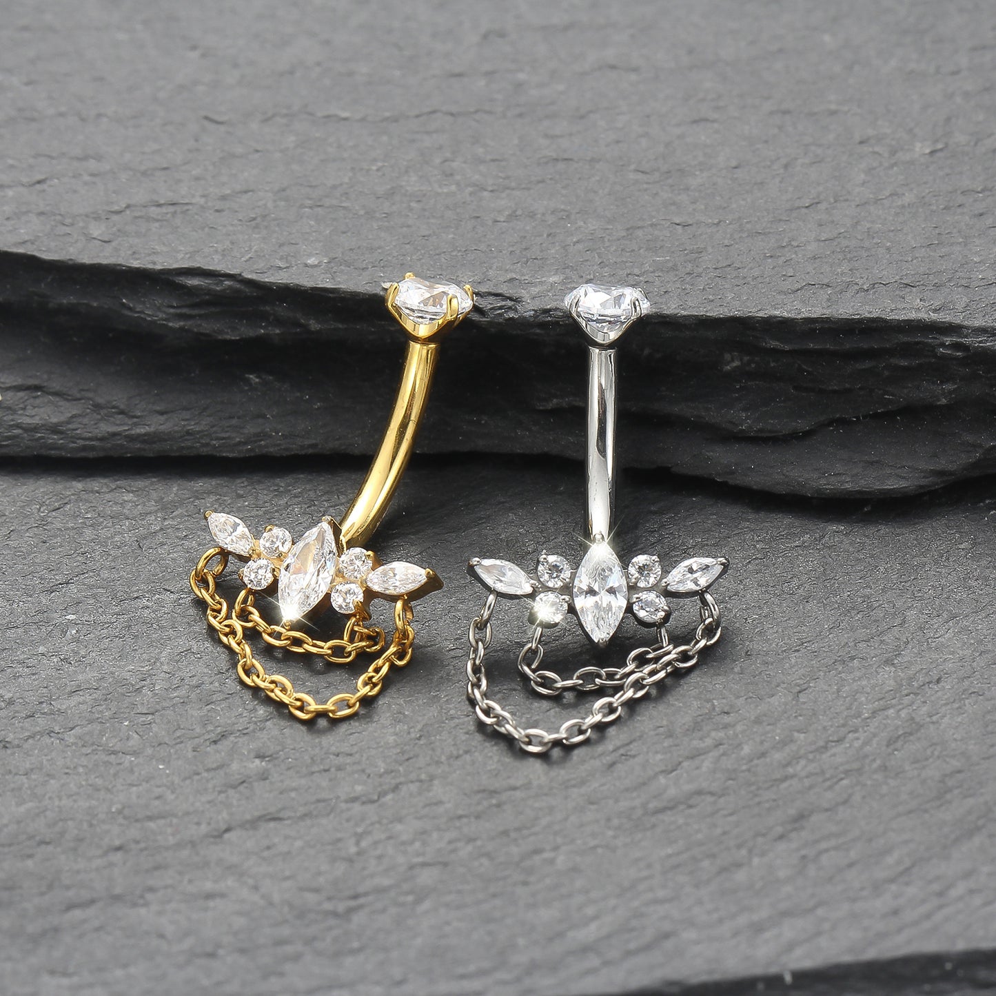 Piercing de Umbigo em Titânio G23 com Dupla Corrente Pendente e Zircônia de Alto Brilho – Design Elegante com Movimento Luxuoso