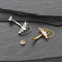 Piercing de Umbigo em Titânio G23 com Dupla Corrente Pendente e Zircônia de Alto Brilho – Design Elegante com Movimento Luxuoso