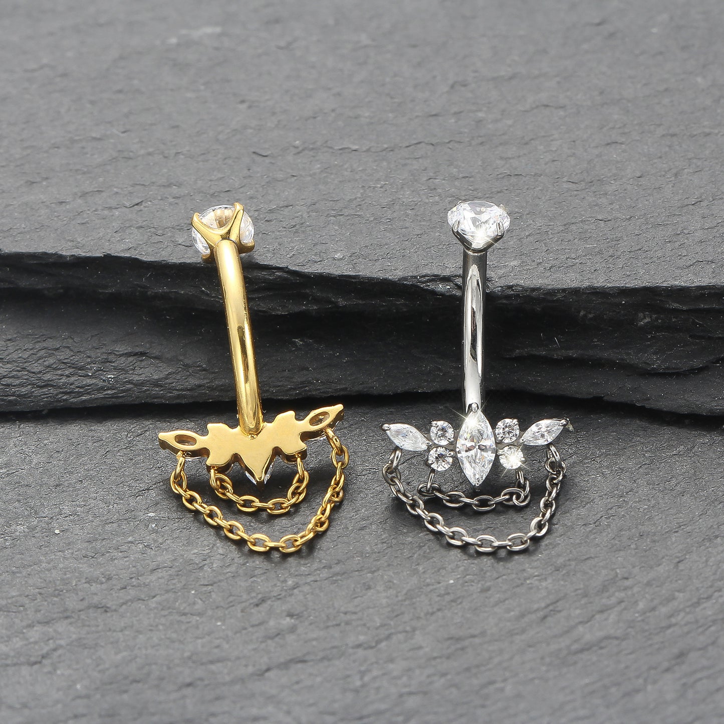 Piercing de Umbigo em Titânio G23 com Dupla Corrente Pendente e Zircônia de Alto Brilho – Design Elegante com Movimento Luxuoso