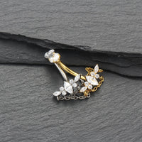 Piercing de Umbigo em Titânio G23 com Dupla Corrente Pendente e Zircônia de Alto Brilho – Design Elegante com Movimento Luxuoso
