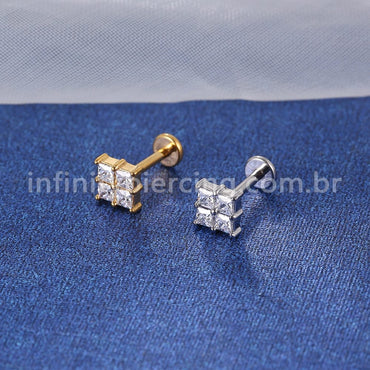 Piercing Labret Aço Cirúrgico Zircônia Cravejada Quadrada