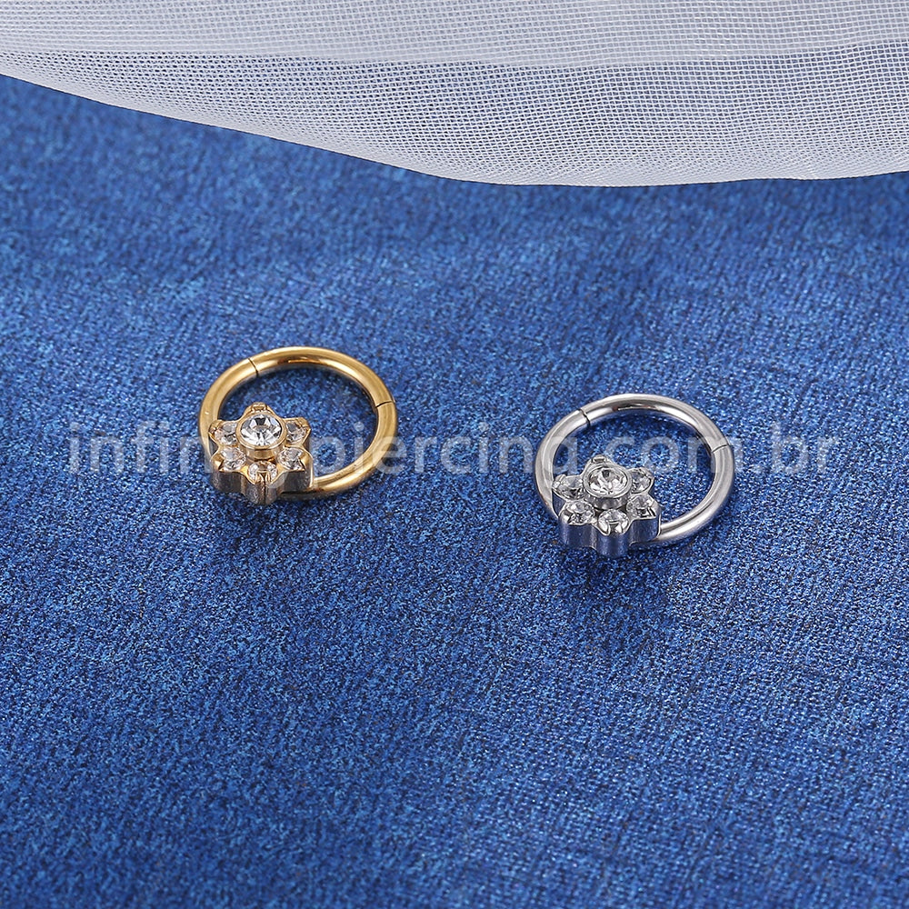Piercing Argola Aço Cirúrgico Segmento Articulado Flor Zircônia Cravejada