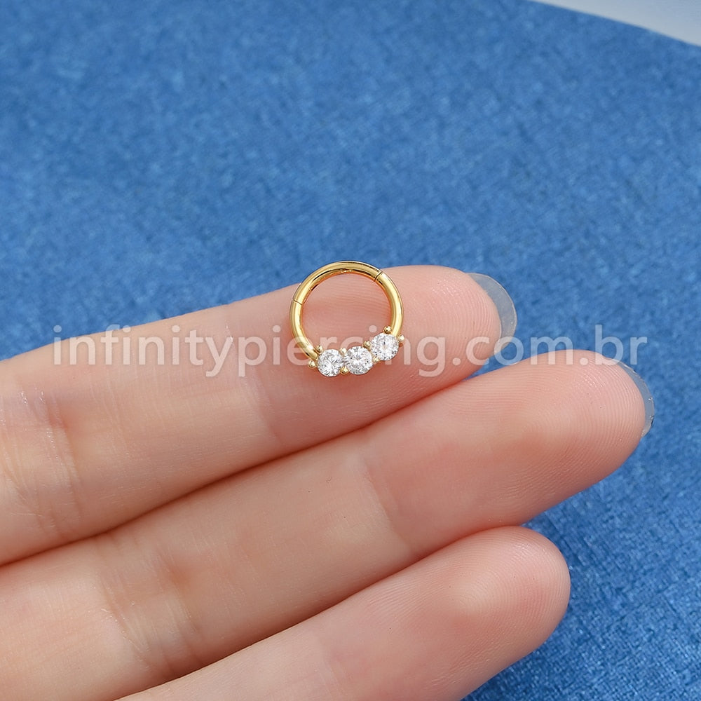 Piercing Argola Segmento Articulado Aço Cirurgico 3 Pedras