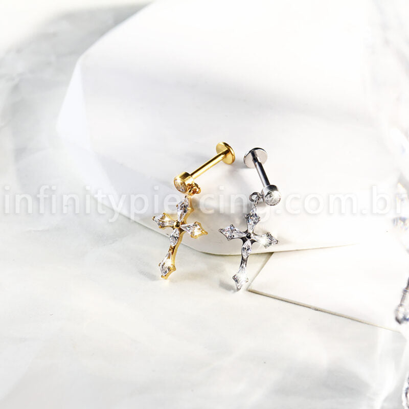 Piercing Labret Titânio Com Pingente Cruz