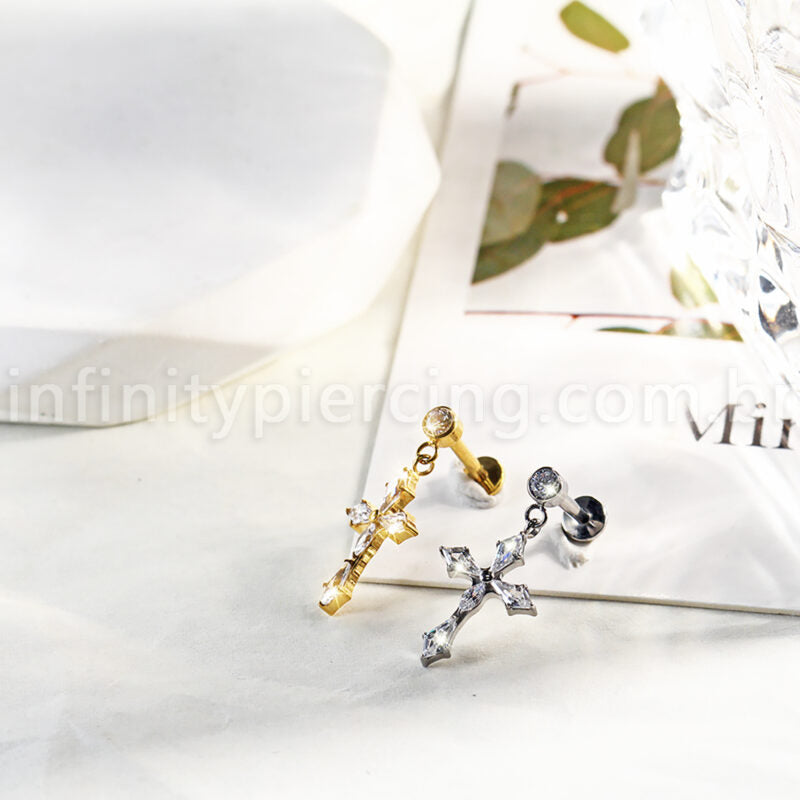 Piercing Labret Titânio Com Pingente Cruz
