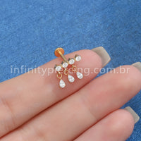 Piercing Labret Titânio Barra 4 Zircônias Com Pingente