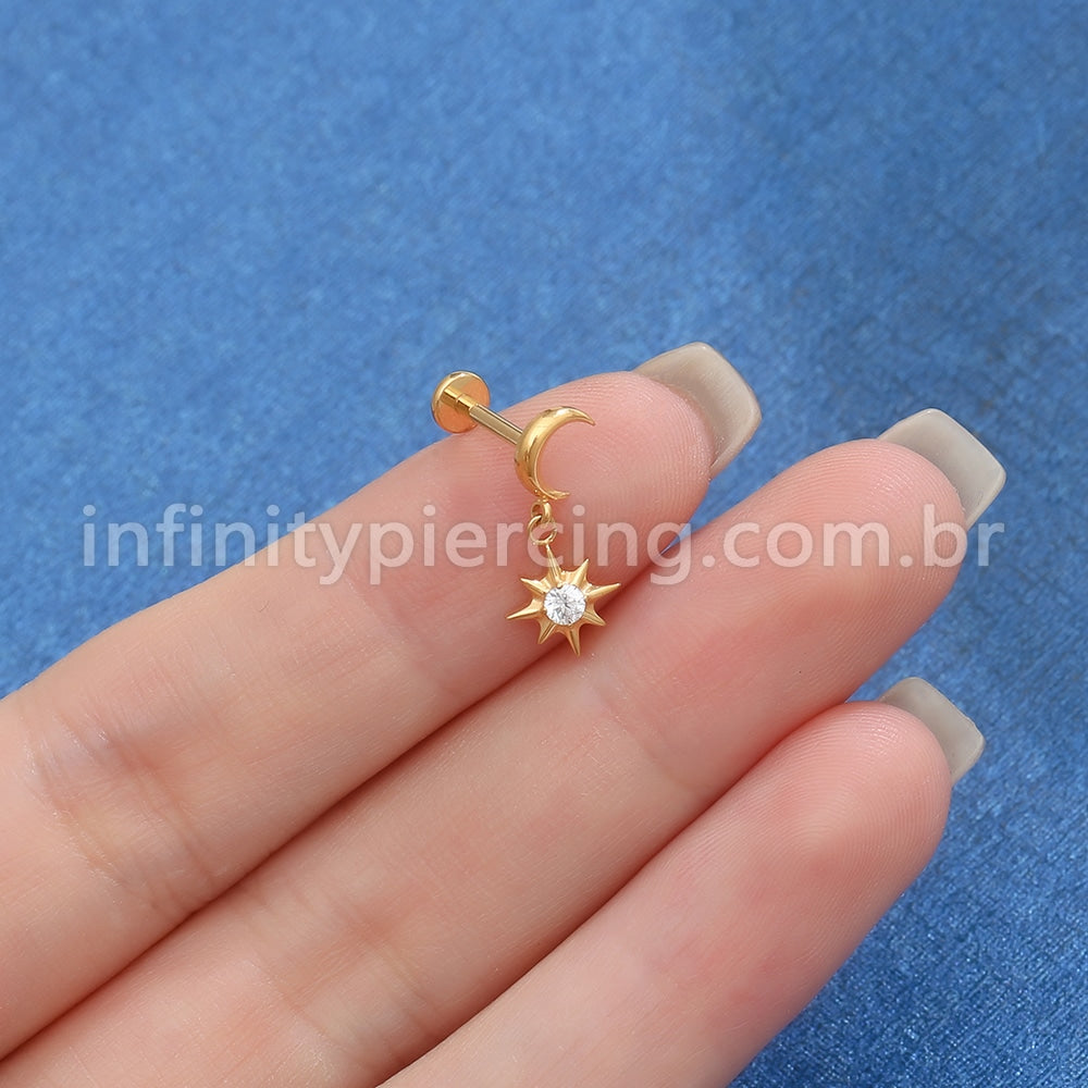 Piercing Labret Titânio Lua Com Pingente Estrela Zircônia
