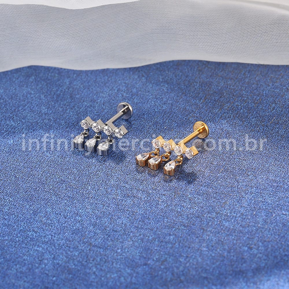 Piercing Labret Titânio Barra 4 Zircônias Com Pingente