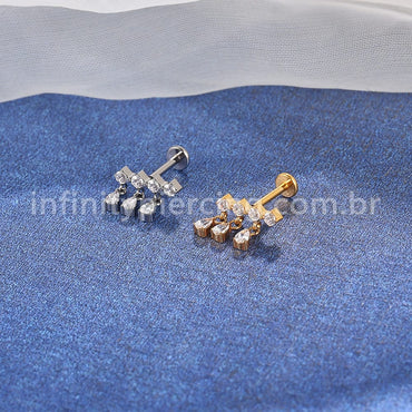 Piercing Labret Titânio Barra 4 Zircônias Com Pingente