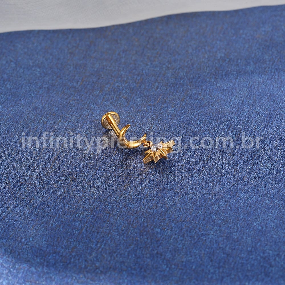 Piercing Labret Titânio Lua Com Pingente Estrela Zircônia