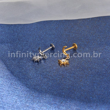 Piercing Labret Titânio Lua Com Pingente Estrela Zircônia