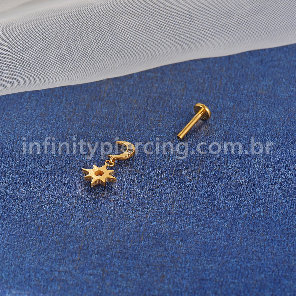Piercing Labret Titânio Lua Com Pingente Estrela Zircônia