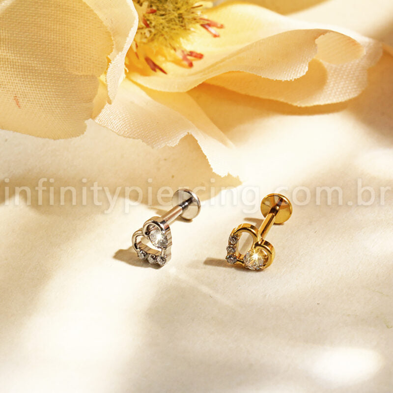 Piercing Labret Titânio Coração Com Zircônia Cravejada