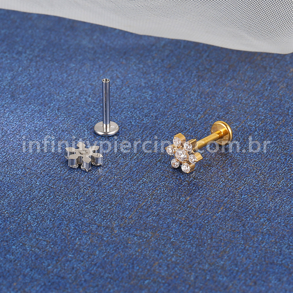 Piercing Labret Aço Cirúrgico Flor Zircônia Cravejada
