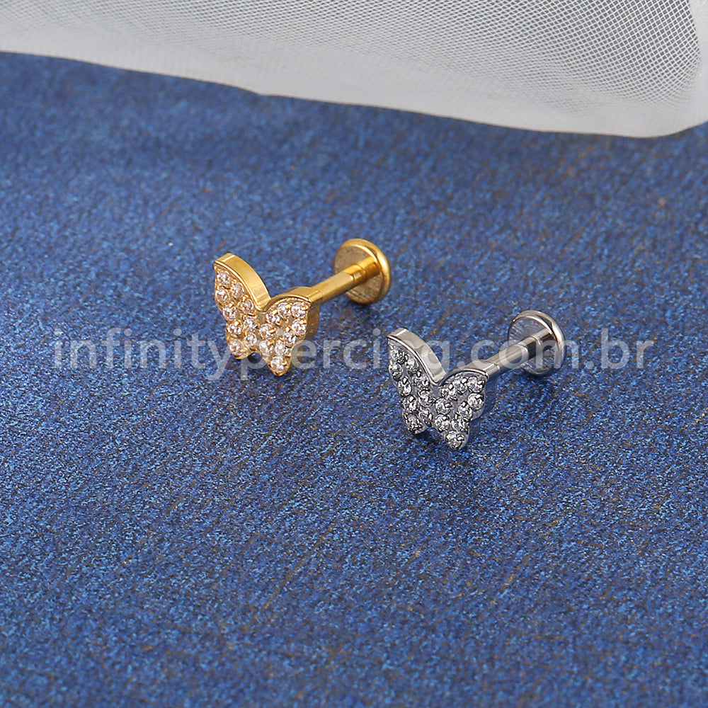 Piercing Labret Titânio Borboleta Zircônia Cravejada
