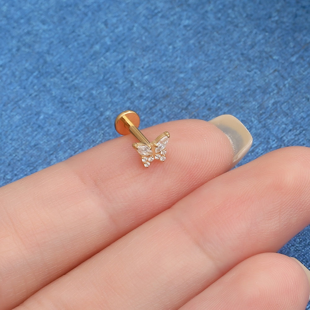 Piercing Labret Titânio Borboleta Zircônia Cravejada