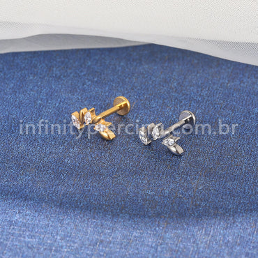 Piercing Labret Titânio Folhas 3 Zircônias Cravejada