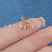 Piercing Labret Titânio Folhas 3 Zircônias Cravejada