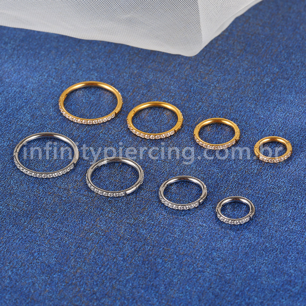 Piercing Argola Titânio Abertura Meio a Meio Zircônia Cravejada Lateral Completa
