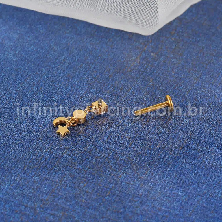 Piercing Labret Titânio Zircônia Cravejada Pingente Estrela/Lua