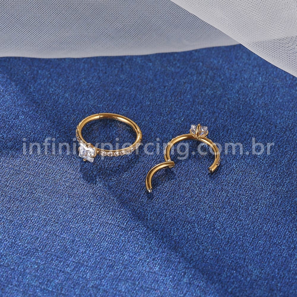 Piercing Argola Segmentada Aço Cirurgico Zircônia Pedra Quadrada