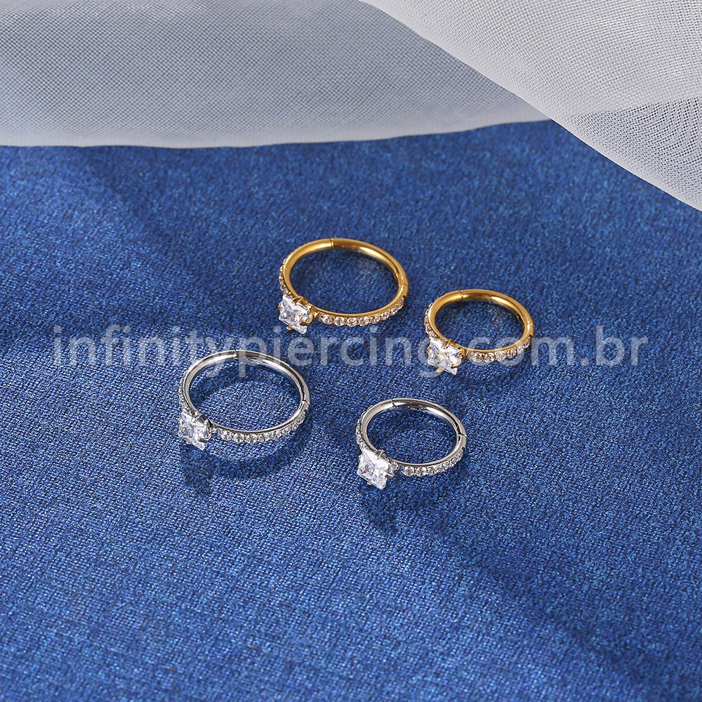 Piercing Argola Segmentada Aço Cirurgico Zircônia Pedra Quadrada