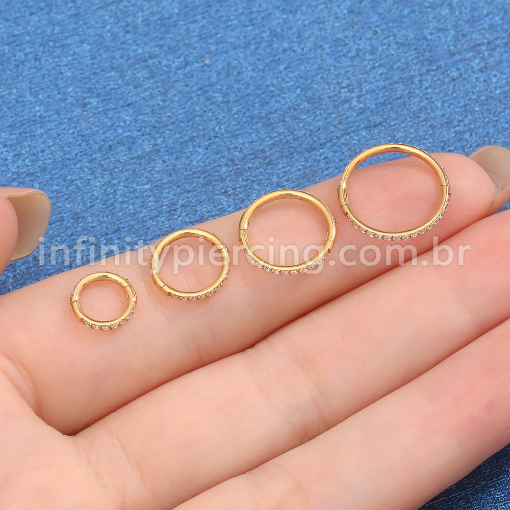 Piercing Argola Titânio Abertura Meio a Meio Zircônia Cravejada Lateral Completa