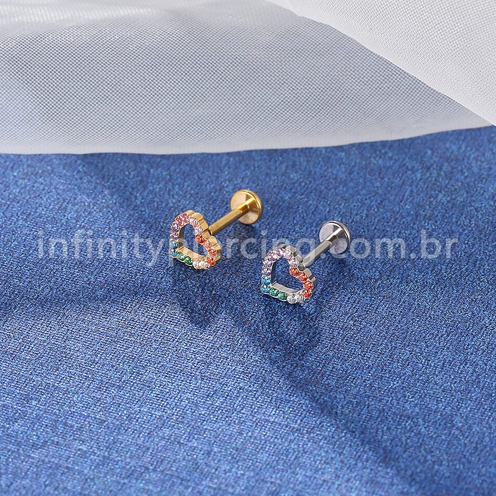 Piercing Labret Titânio Coração Vazado Zircônia Coloridas