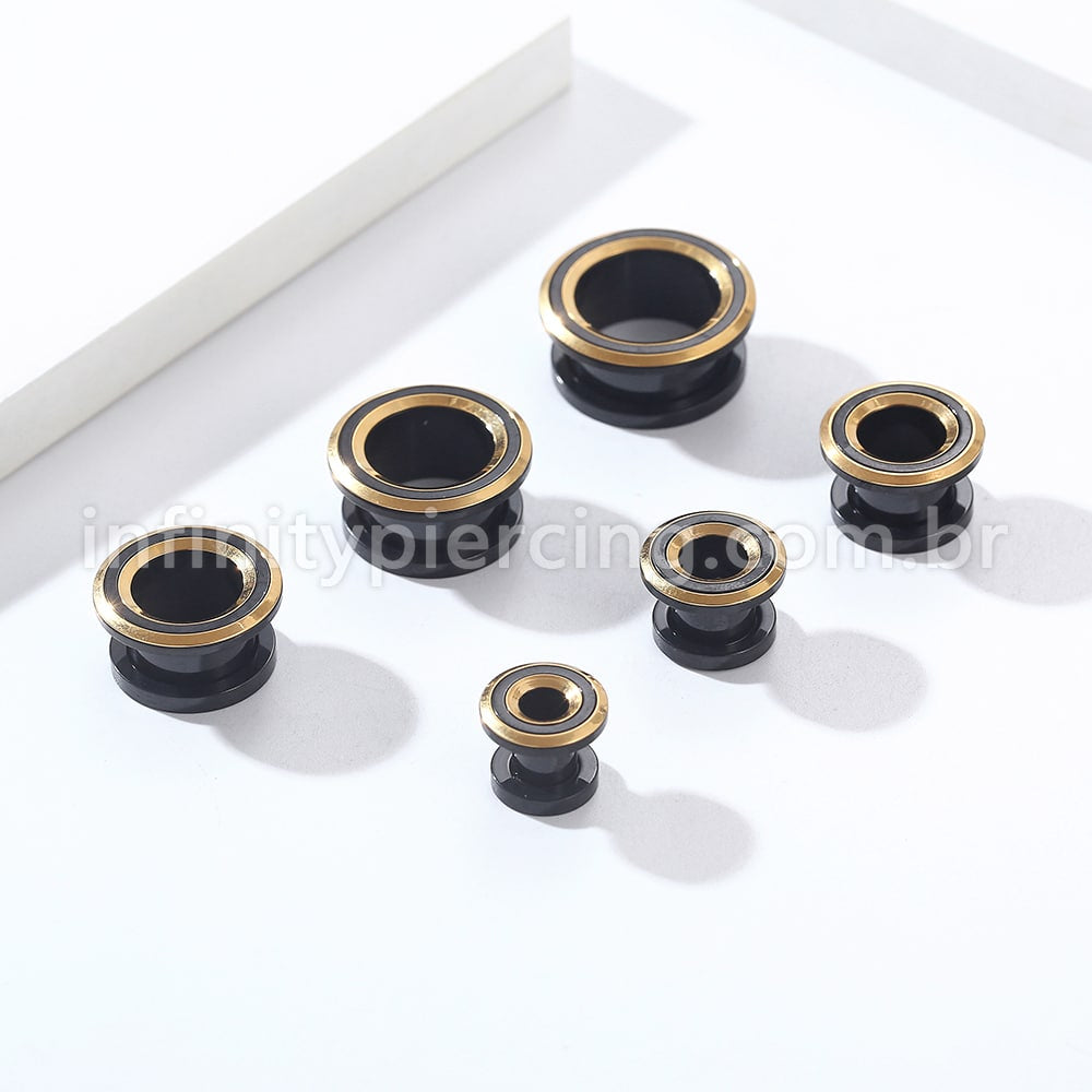 Alargador Aço Cirúrgico Black Com Detalhes Dourado