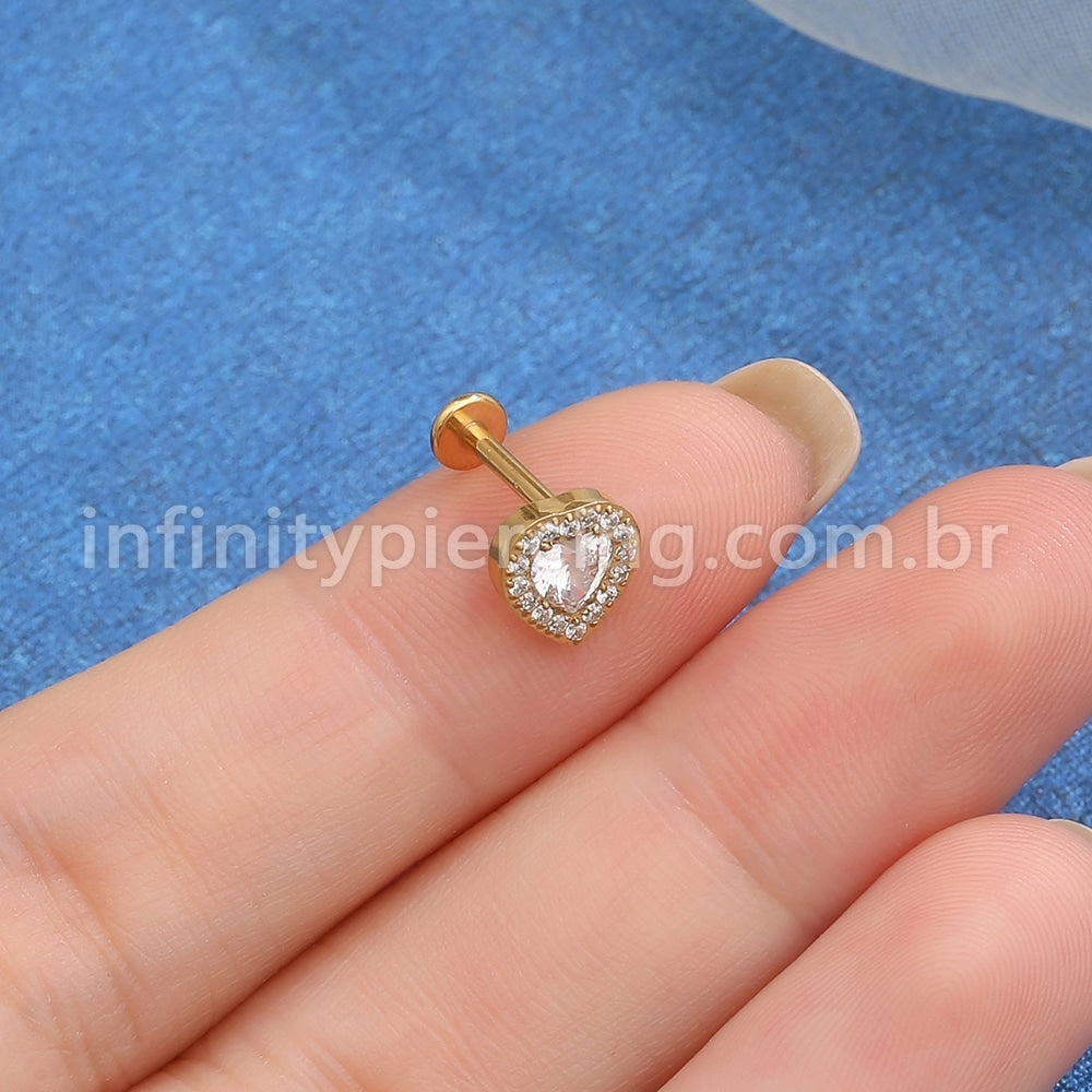 Piercing Labret Aço Cirúrgico Coração Zircônia Cravejada