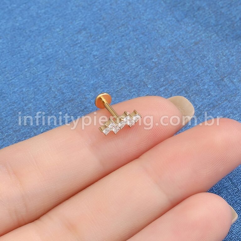 Piercing Labret Titânio Barra Zig-Zag Zircônia Cravejada