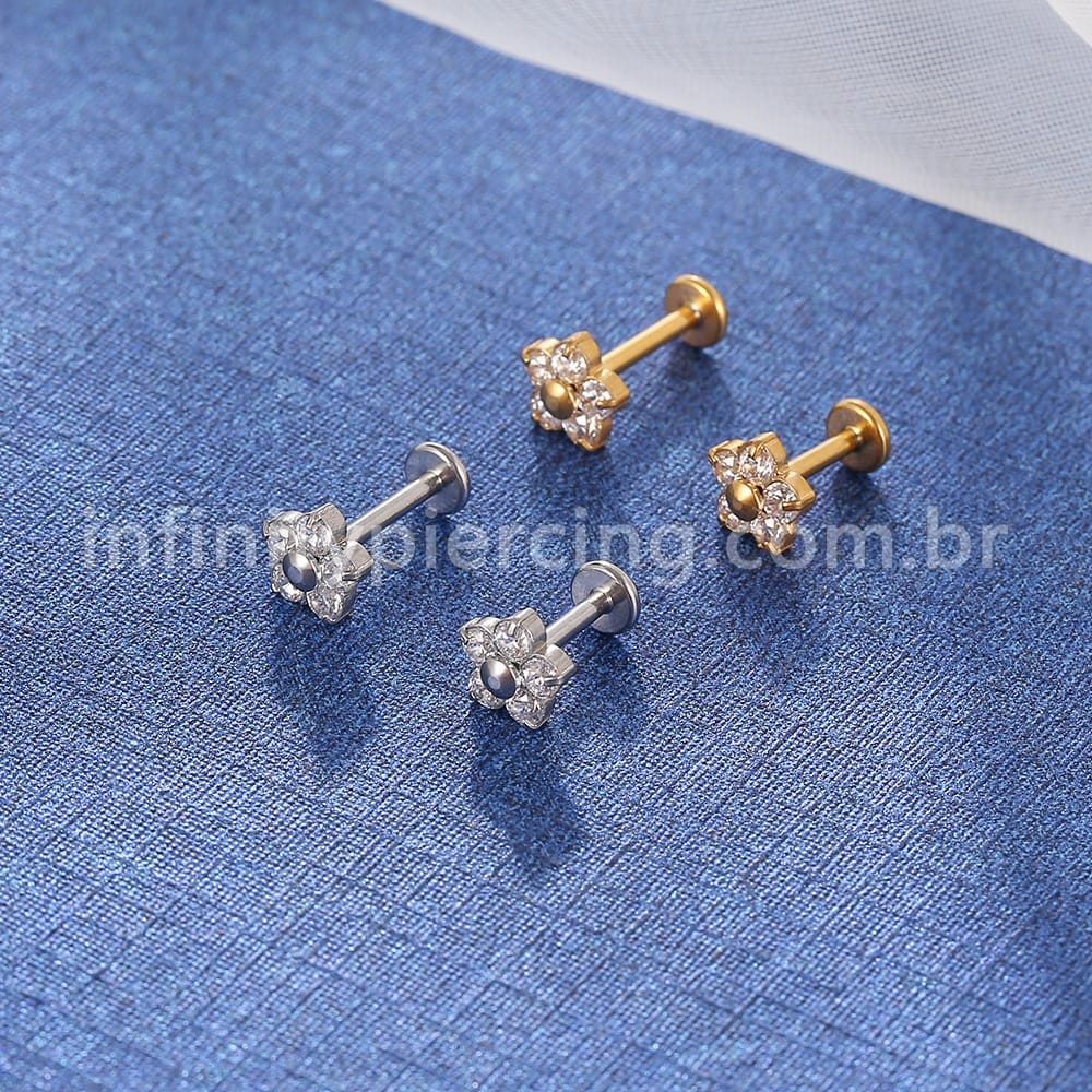 Piercing Labret Aço Cirúrgico Flor Zircônia