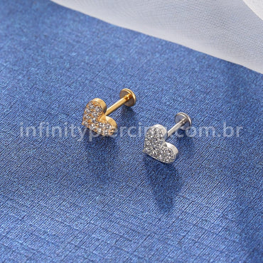 Piercing Labret Aço Cirúrgico Coração Zircônia Cravejada