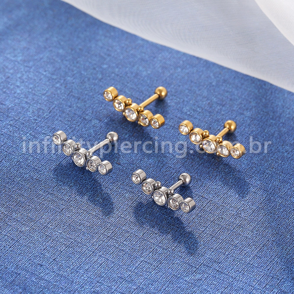 Piercing Minibarbell Aço Cirúrgico 5 Pedras Strass