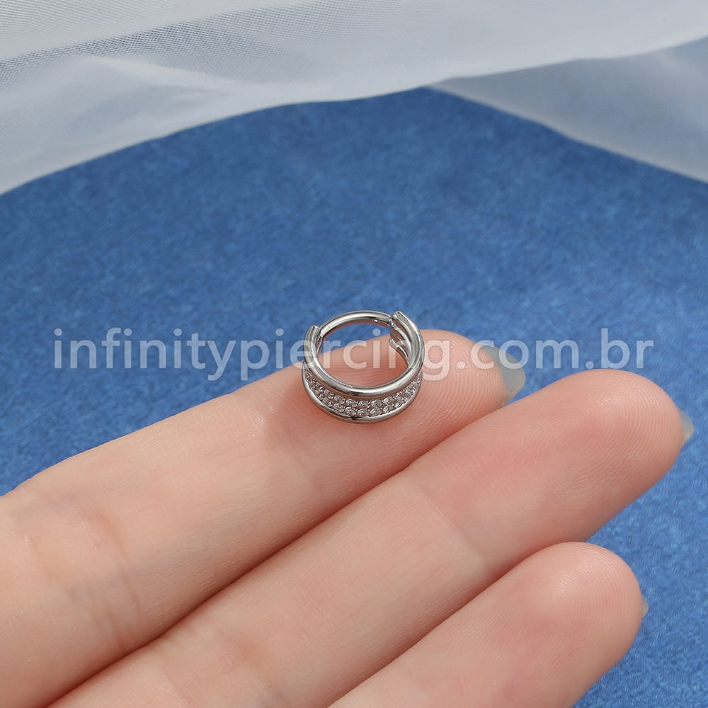 Piercing Argola Titânio Segmento Articulado Dupla Fileira Zircônia Cravejada