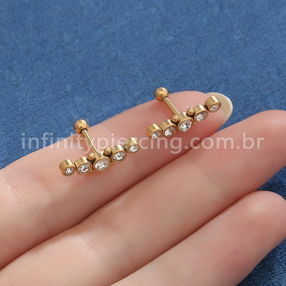 Piercing Minibarbell Aço Cirúrgico 5 Pedras Strass