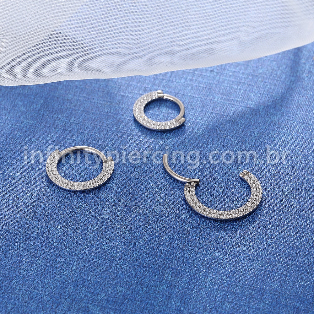 Piercing Argola Titânio Segmento Articulado 2 Fileiras Zircônia