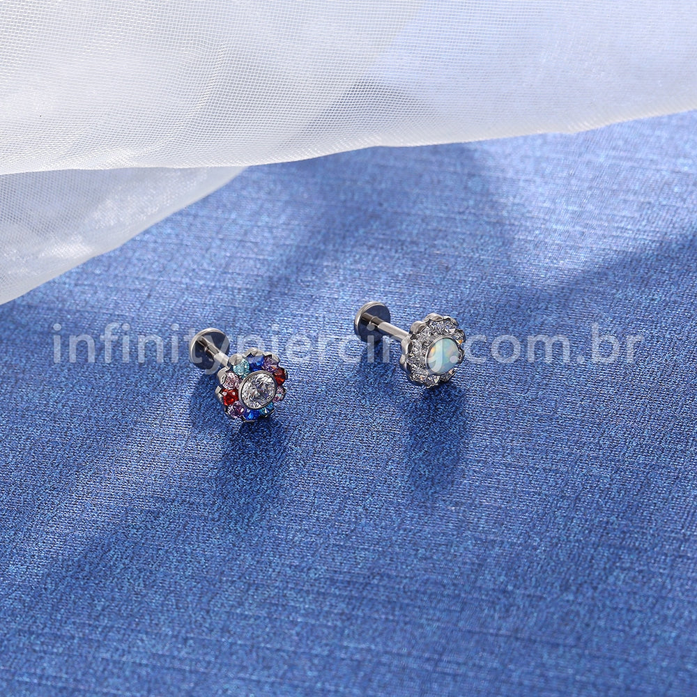 Piercing Labret Titânio Flor Zircônia Cravejada