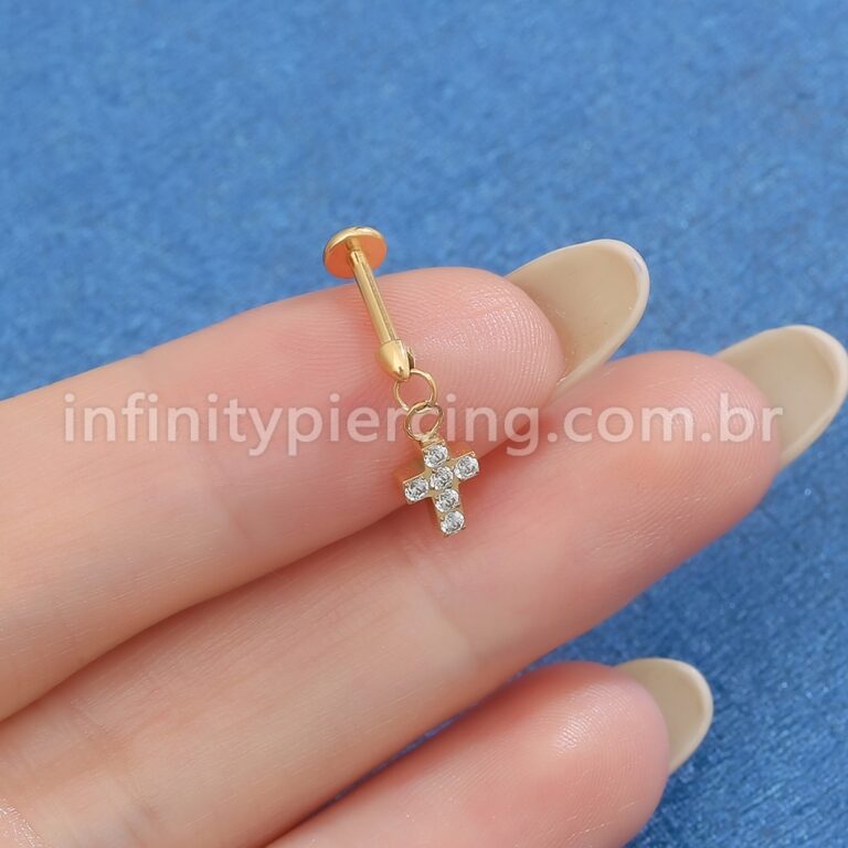 Piercing Labret Titânio Zircônia Pingente Cruz